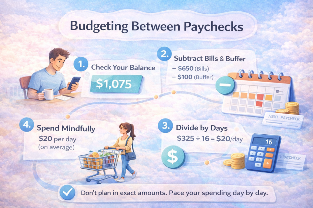 budgeting between paychecks explained step by step with daily spending, bill timing, and a simple cash flow system