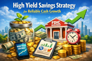 High yield savings strategy illustration showing growing cash, FDIC insured bank, rising interest chart, and secure savings tools for reliable cash growth in the United States