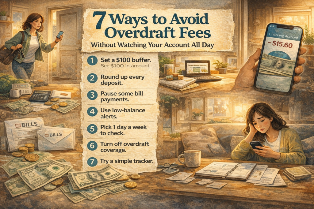 A woman checking her phone balance at home while learning simple ways to avoid overdraft fees using a checking account buffer