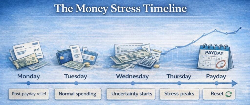 Money stress timeline showing payday relief, midweek financial anxiety, paycheck timing stress, and how weekly money checks restore clarity