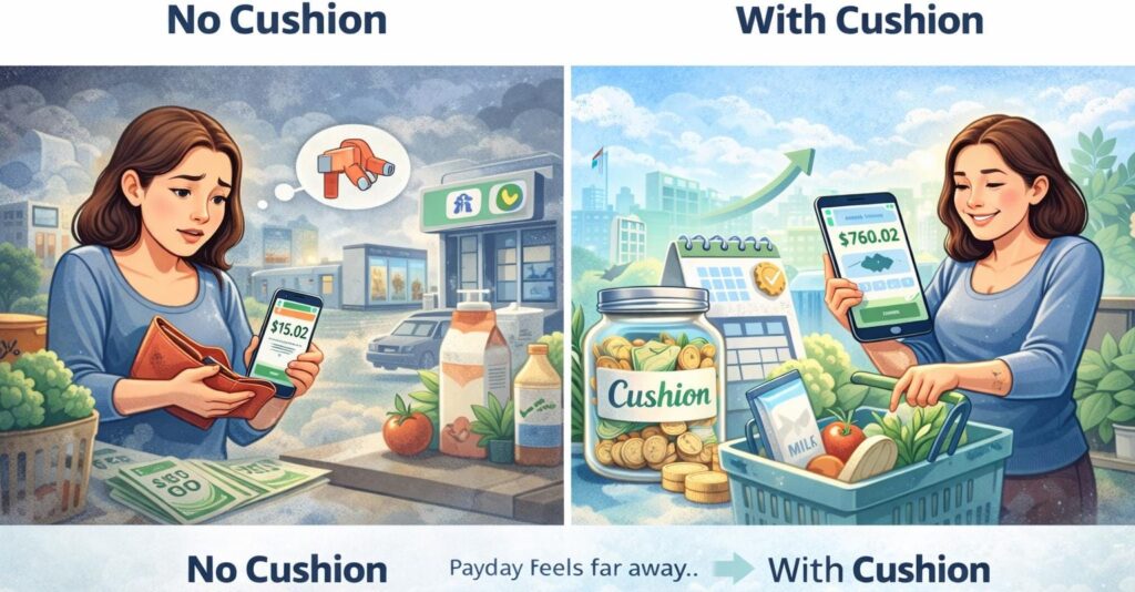 Side-by-side comparison showing life without a checking account cushion versus with a checking account cushion, highlighting reduced money stress and calmer daily spending decisions