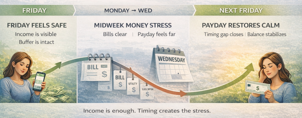 Midweek money stress infographic showing why Fridays feel safe and Wednesdays feel financially risky due to paycheck timing and bill gaps