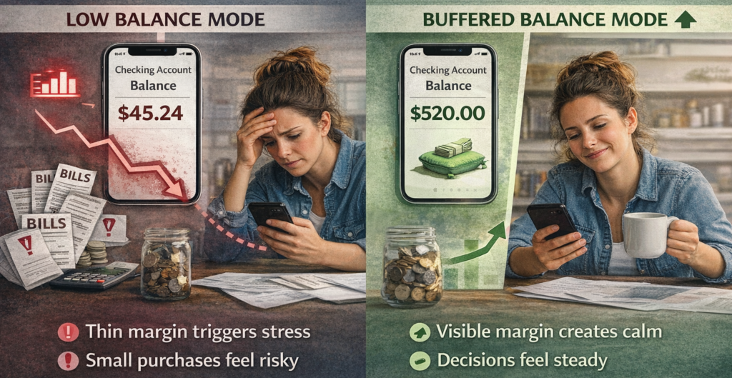 Low checking balance anxiety comparison infographic showing emotional difference between low checking balance anxiety and calm decision-making with a checking account cushion