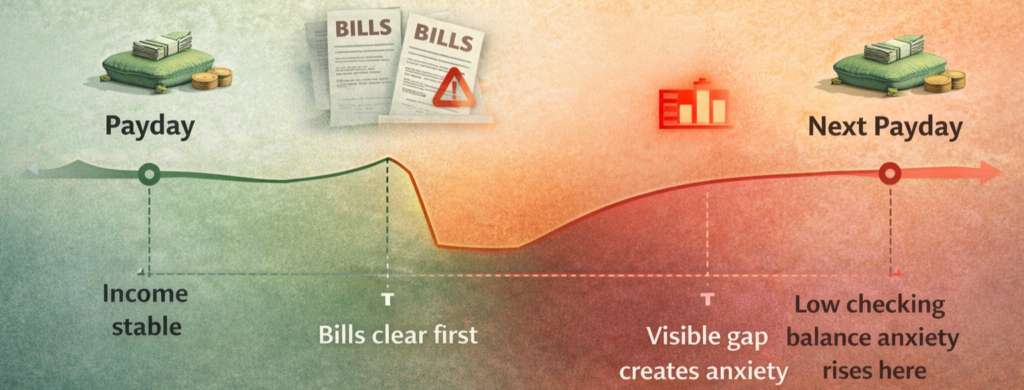 Infographic comparing low checking balance anxiety with emotional safety created by a checking account buffer, showing timing gaps and balance visibility effects.