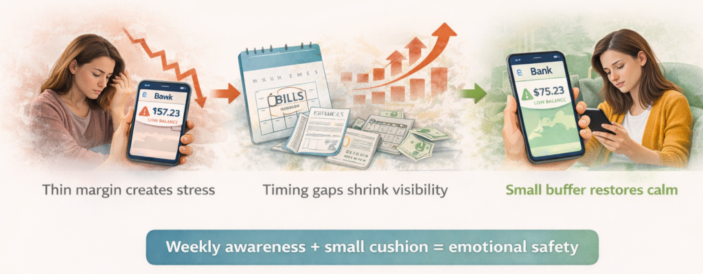 Low checking balance anxiety visual showing timing gaps shrinking checking margin and how a small buffer restores emotional safety.