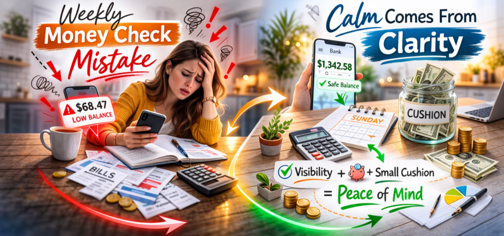 Woman looking stressed at low checking balance on phone beside calm version of herself reviewing weekly money check notes