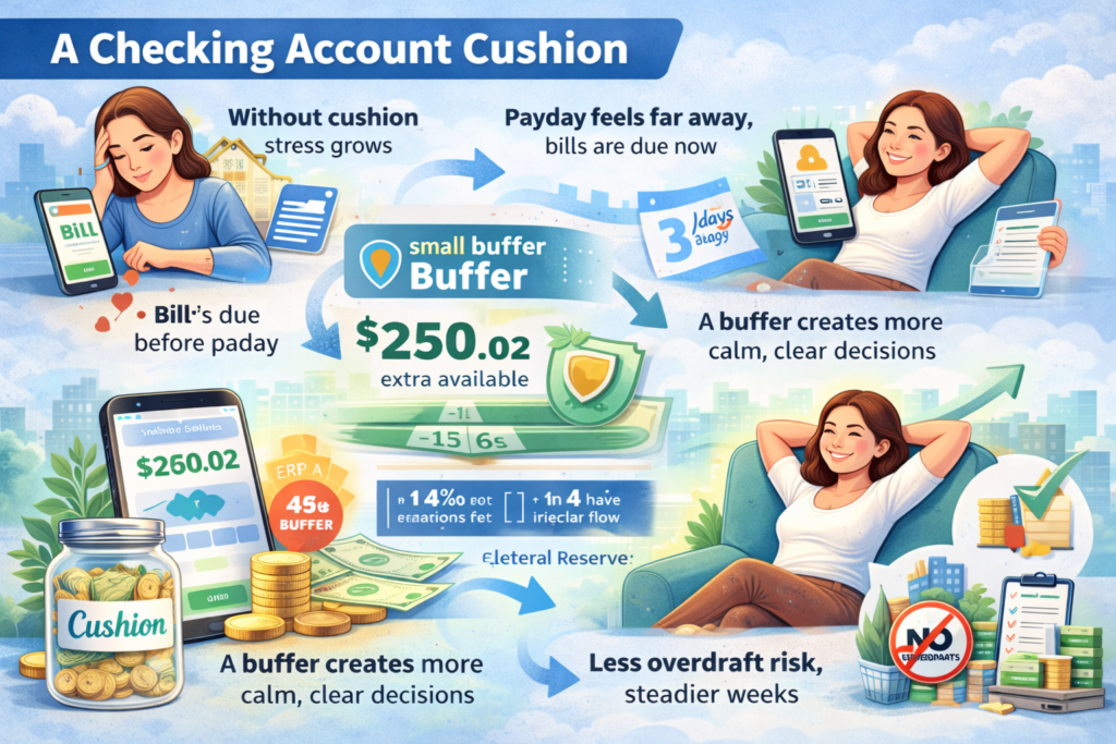 Infographic showing how a checking account cushion reduces daily money stress, prevents overdraft risk, and creates calmer spending decisions before payday.