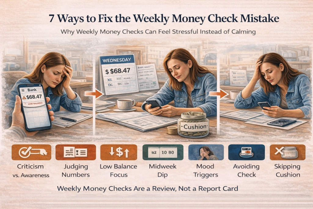 Infographic showing paycheck timing gap, low checking balance anxiety, and weekly money check cushion solution