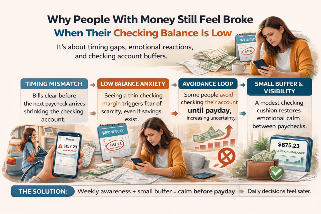 Infographic explaining low checking balance anxiety caused by timing mismatch, thin checking margin, avoidance loop, and how a small buffer restores emotional calm.