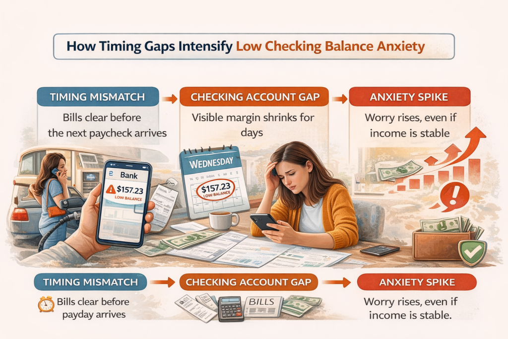 Low checking balance anxiety caused by timing gaps and restored by a small checking account buffer and weekly visibility.