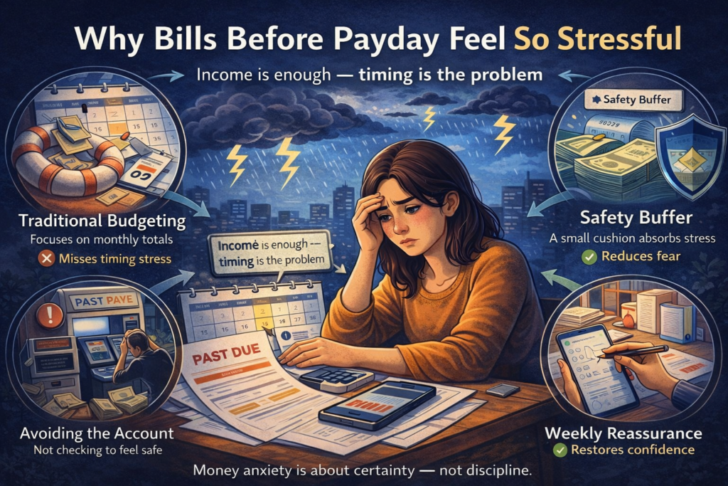 Illustration explaining how bills before payday create anxiety even when income is enough, showing paycheck timing stress and weekly money clarity