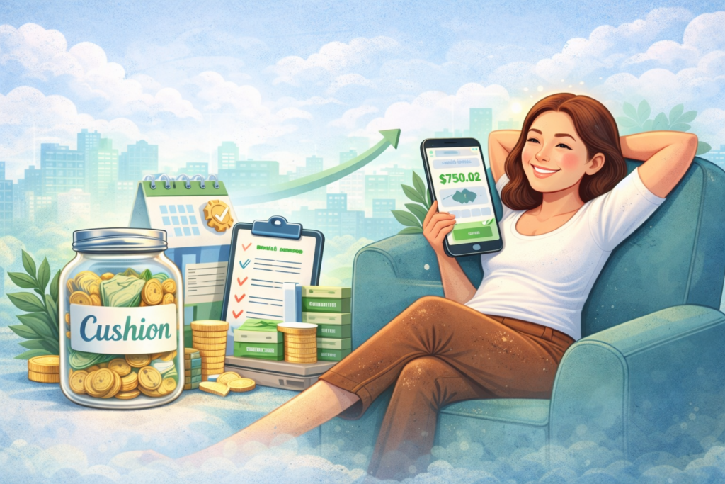 Illustration of a relaxed woman holding her phone showing stable balance, representing how a checking account cushion reduces daily spending stress and builds financial confidence