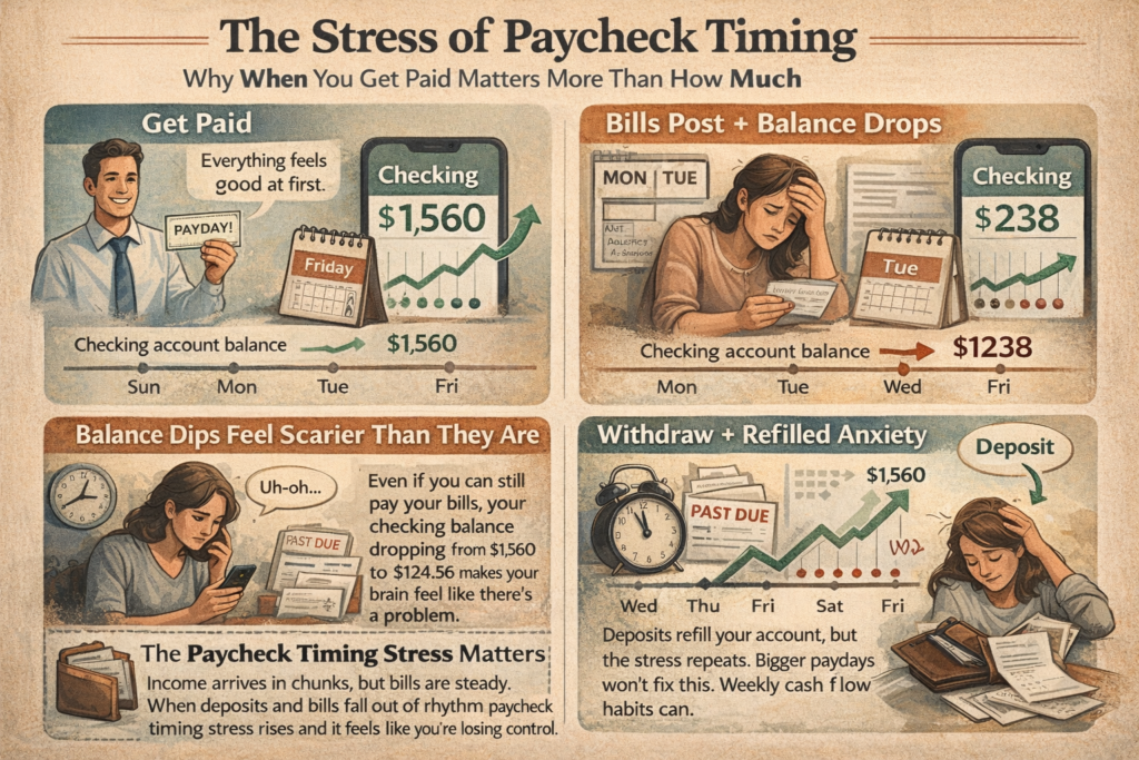 Cinematic infographic explaining paycheck timing stress with checking account balance drops, bills posting midweek, and cash flow anxiety in warm editorial style.