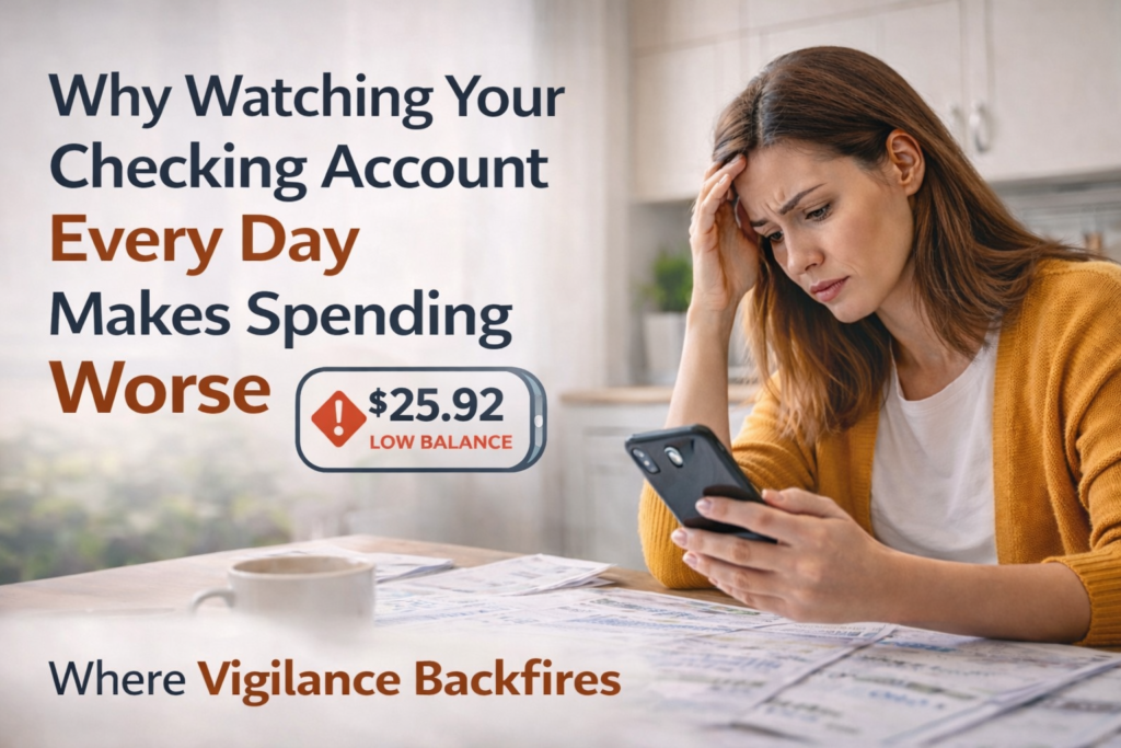 Woman looking stressed while checking low bank balance on phone, illustrating checking account anxiety from daily balance monitoring.