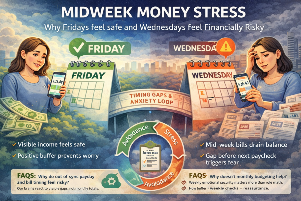 Midweek-money-stress infographic comparing Friday financial safety and Wednesday anxiety caused by paycheck timing gaps and bill cycles