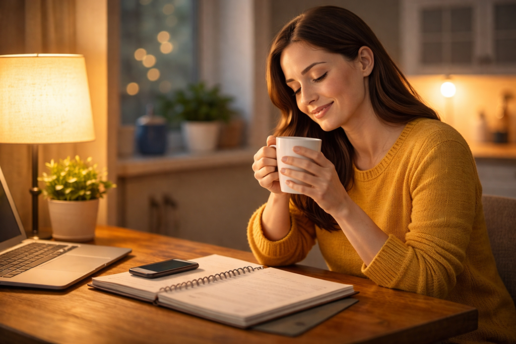 Woman calmly doing a weekly money check at home to reduce money stress and gain financial clarity.