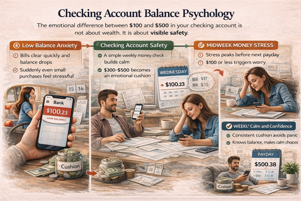 Infographic showing the psychological difference between $100 and $500 in a checking account, highlighting midweek money stress, paycheck timing gap, and checking cushion for financial calm