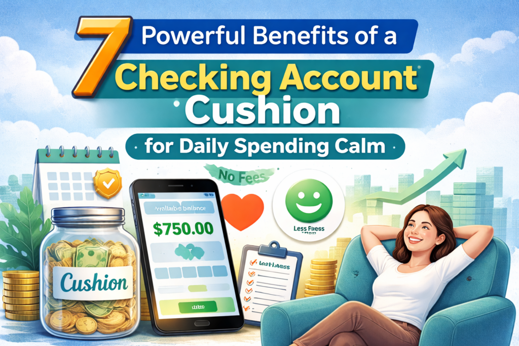 Checking account cushion concept showing a calm person reviewing finances at a desk, illustrating how a checking account cushion reduces daily money stress and prevents overdraft anxiety.