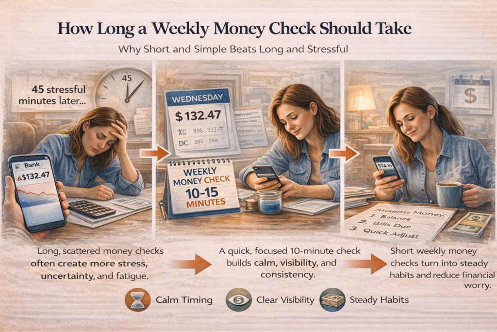 Three-panel story showing stressed woman during long money review and calm after 10–15 minute weekly money check