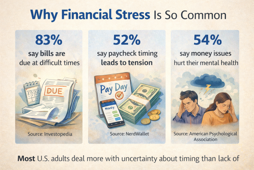 Weekly money check statistics showing how unclear cash flow increases money stress for Americans and how weekly financial clarity reduces anxiety.