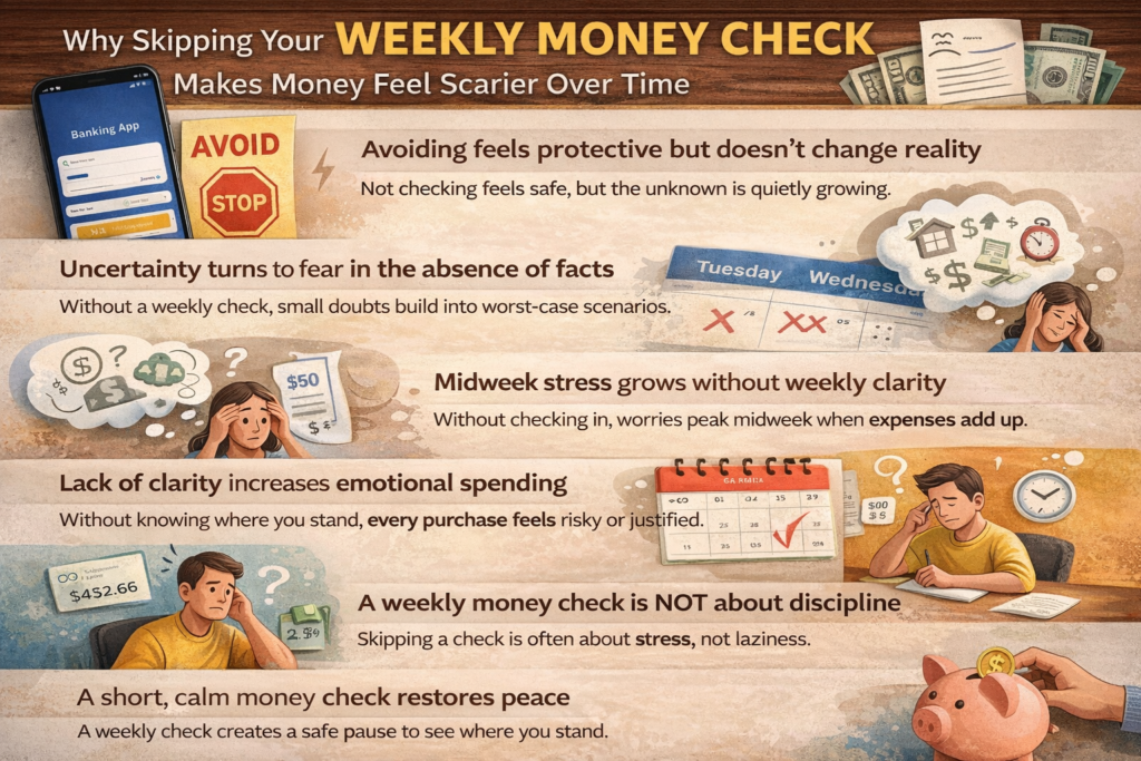 Weekly money check infographic showing how skipping a weekly money check increases financial fear, midweek stress, and uncertainty, and how weekly clarity restores calm and control
