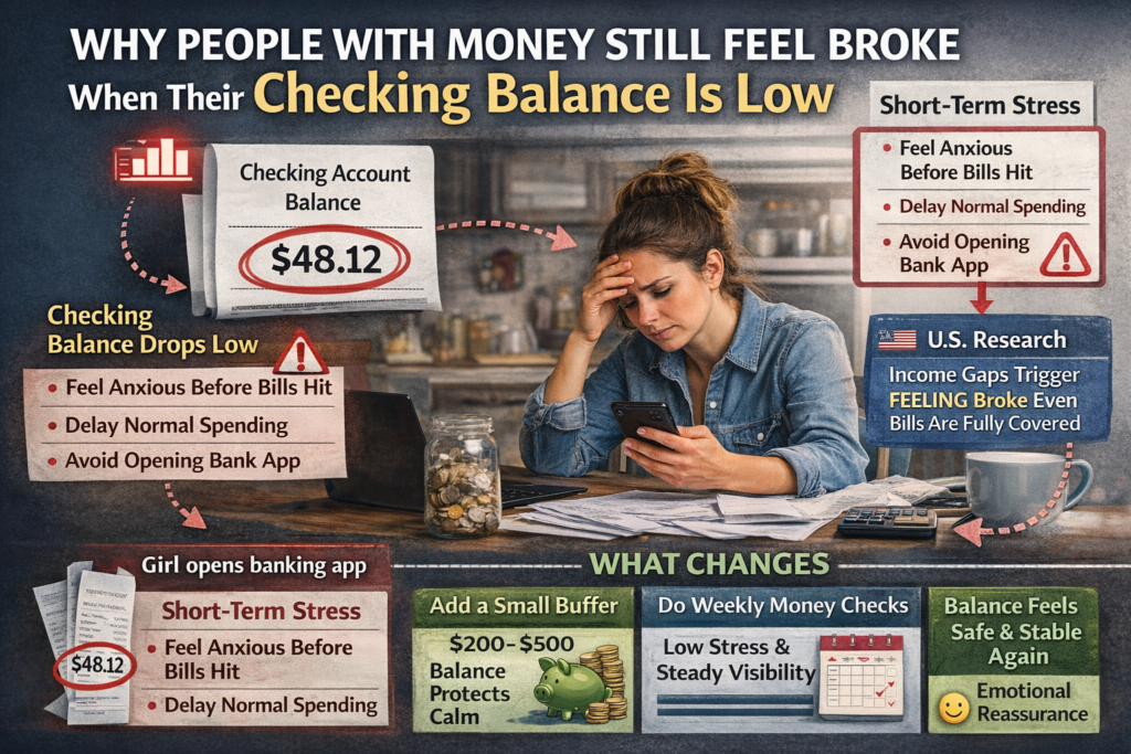 Infographic explaining low checking balance anxiety and how timing gaps, midweek bills, and lack of buffer make financially stable people feel broke despite steady income.