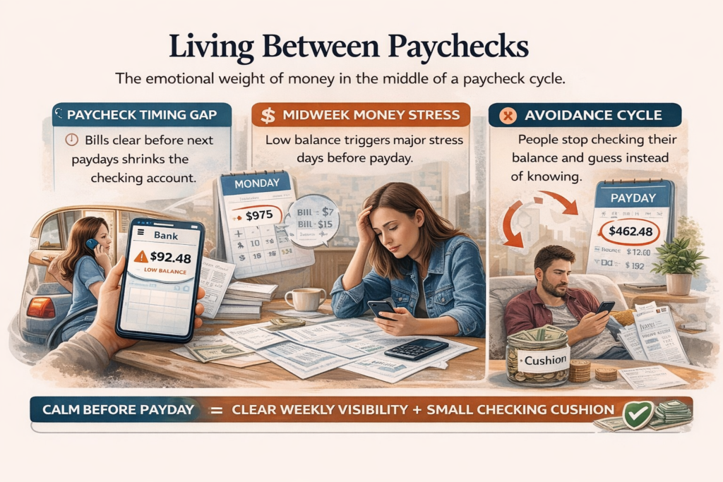 Infographic explaining living between paychecks with paycheck timing gap, midweek money stress, avoidance cycle, and small checking cushion solution