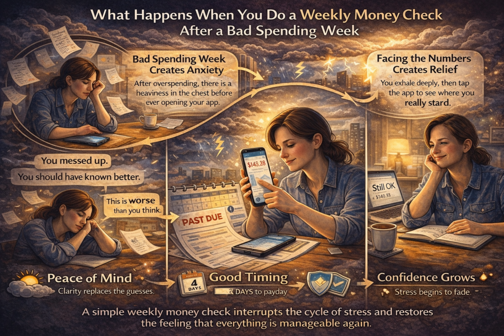 Illustrated infographic showing a weekly money check reset process after a bad spending week, highlighting stress, avoidance, clarity, and restored financial calm.