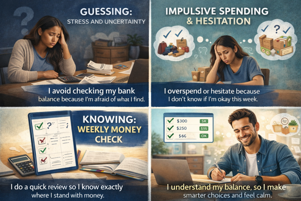 Visual comparison showing how guessing money leads to stress and impulsive spending, while a weekly money check creates clarity, calm, and confident financial choices.
