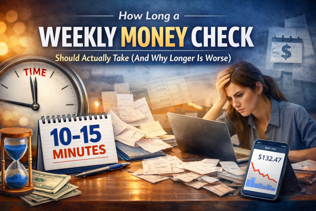 Woman reviewing finances with clock showing 10–15 minutes for a weekly money check