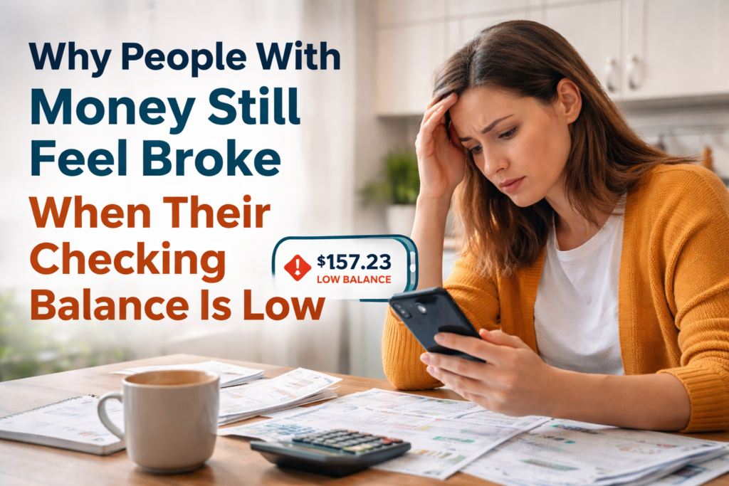 Low checking balance anxiety illustrated by a woman checking her bank app with a low visible balance and worried expression