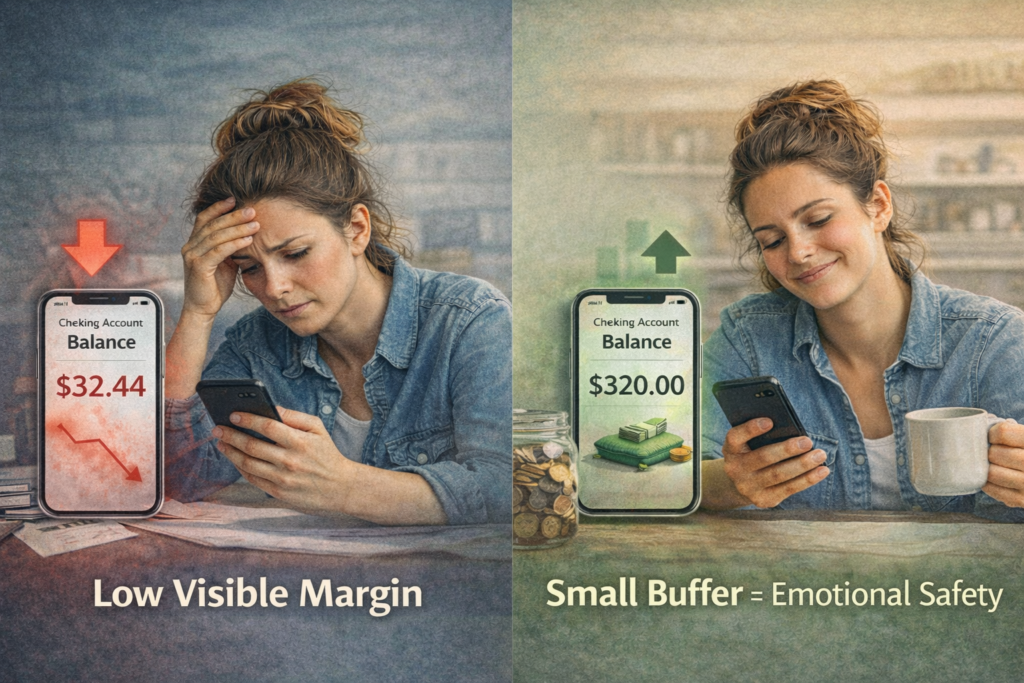 Low checking balance anxiety comparison showing emotional stress before building a checking account cushion and calm confidence after adding a small buffer. Image Title