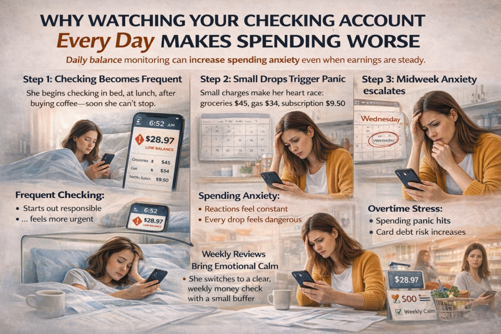 Infographic explaining checking account anxiety caused by daily balance monitoring, showing spending stress, midweek panic, and weekly review calm.