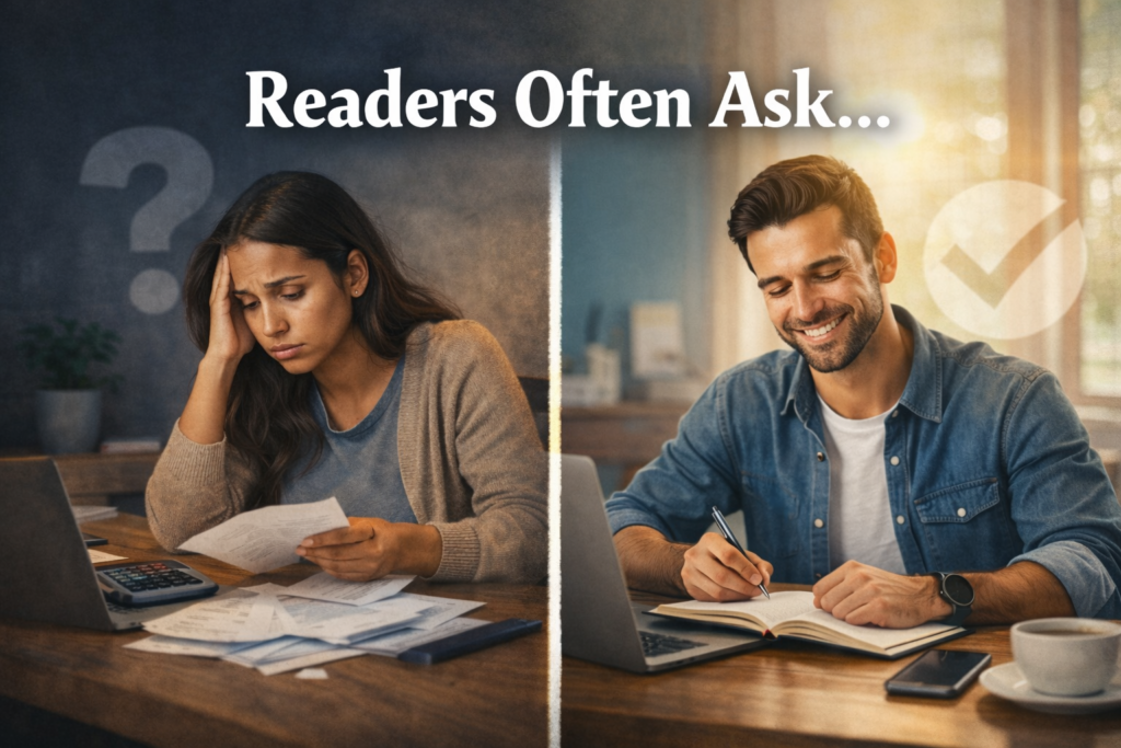 A couple reviewing their finances together during a weekly money check, creating clarity and reducing money stress at home.