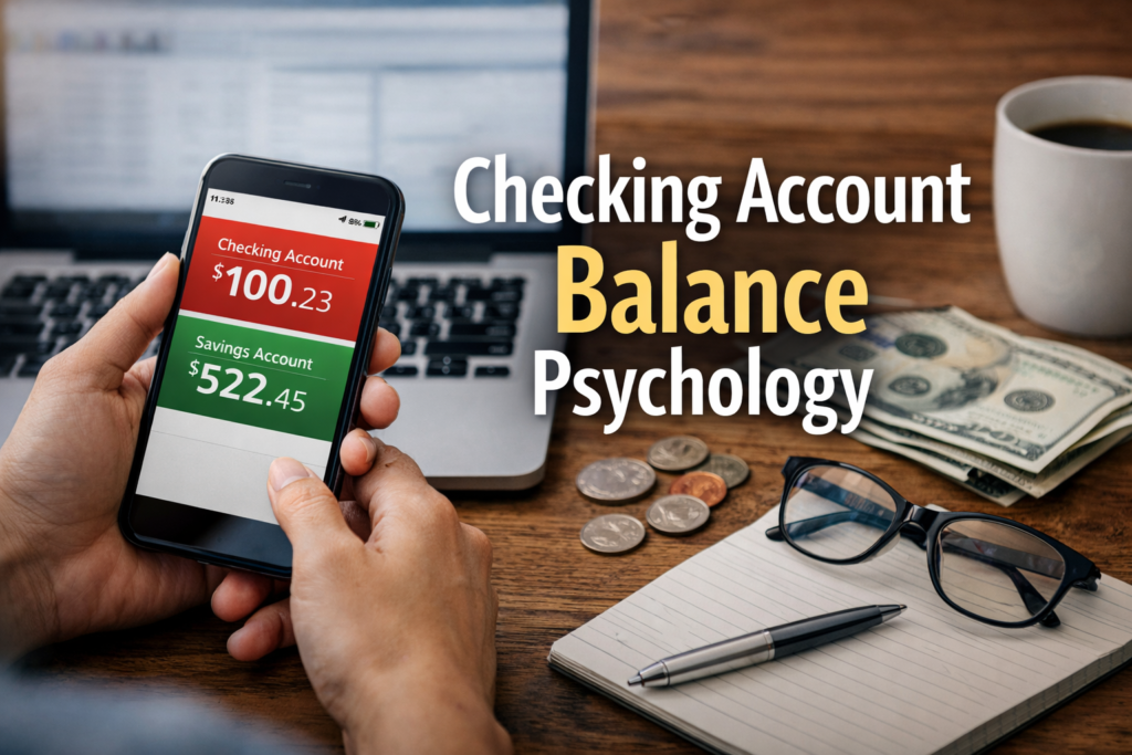 Woman looking concerned at low checking account balance on phone showing $100 compared to calmer $500 balance, illustrating checking account balance psychology