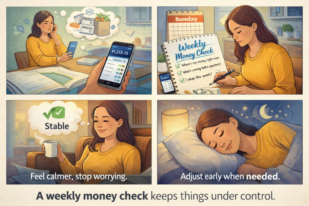 A weekly money check turns vague financial stress into clear awareness by showing what is happening with your money right now. Instead of guessing, overthinking, or reacting emotionally, a weekly money check helps you pause, look at real numbers, notice patterns, and make one small adjustment before problems grow. Over time, this simple habit builds confidence, reduces anxiety, and makes money feel manageable instead of overwhelming. When you practice a weekly money check consistently, money stops feeling like an emergency and starts feeling like information you can calmly act on.