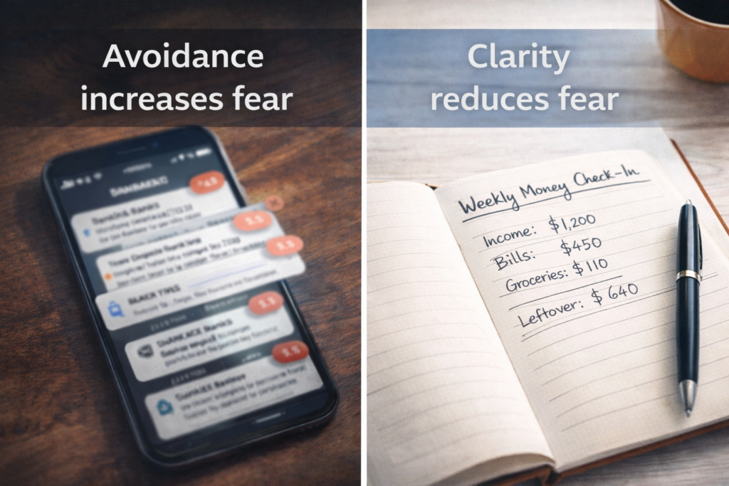 Weekly money check comparison showing avoidance versus clarity and how a weekly money check reduces fear and emotional spending