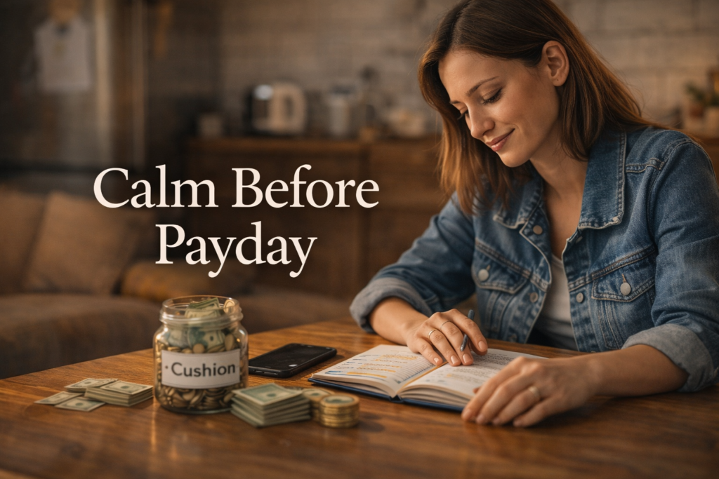 Woman calmly reviewing her planner with a small checking cushion jar on the table before payday