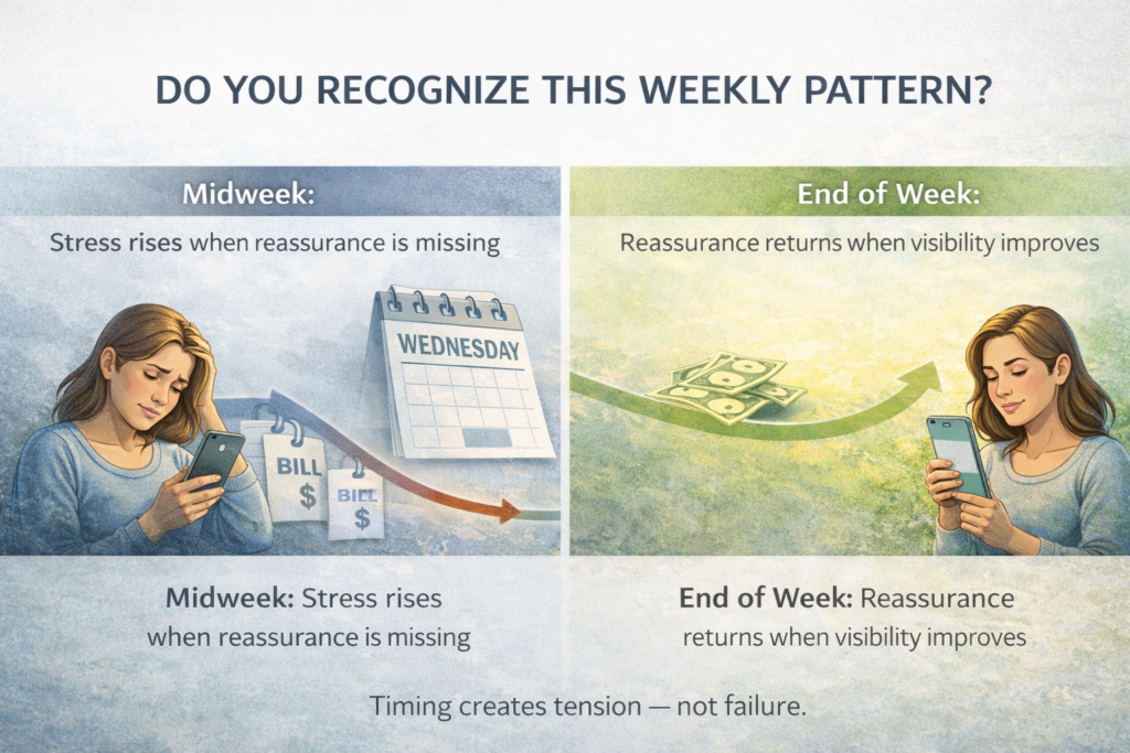 Midweek money stress comparison showing Friday calm and Wednesday anxiety in a paycheck timing timeline infographic