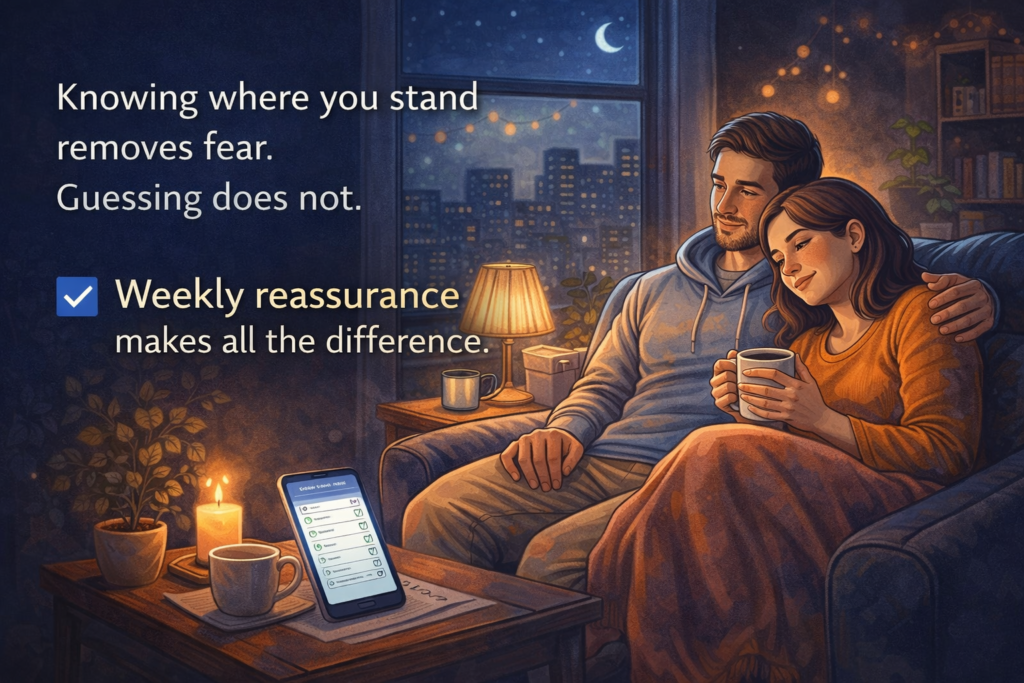 Illustration showing financial calm after stress from bills before payday, with organized money, weekly reassurance, and a sense of control over cash flow.