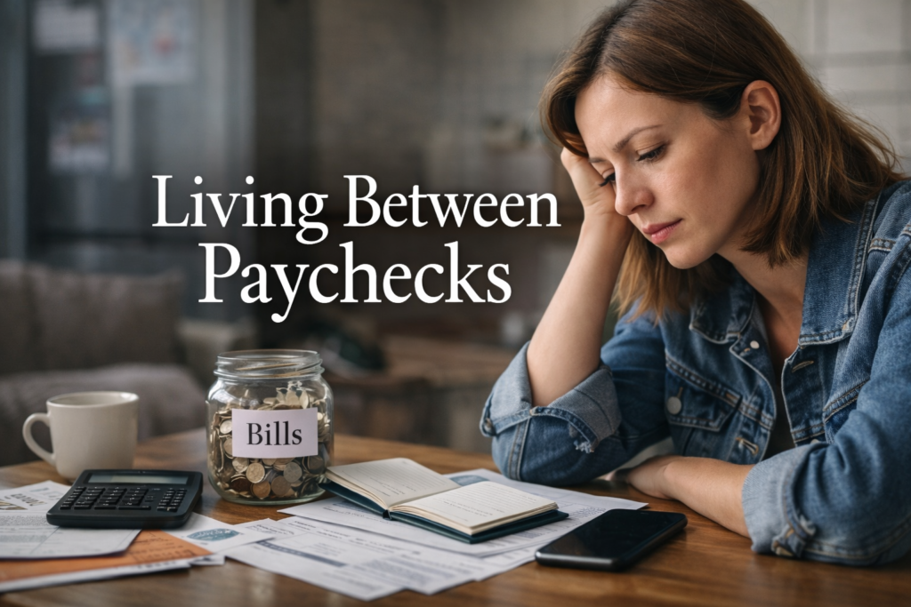 Woman looking stressed at kitchen table reviewing bills and low checking account balance while living between paychecks.