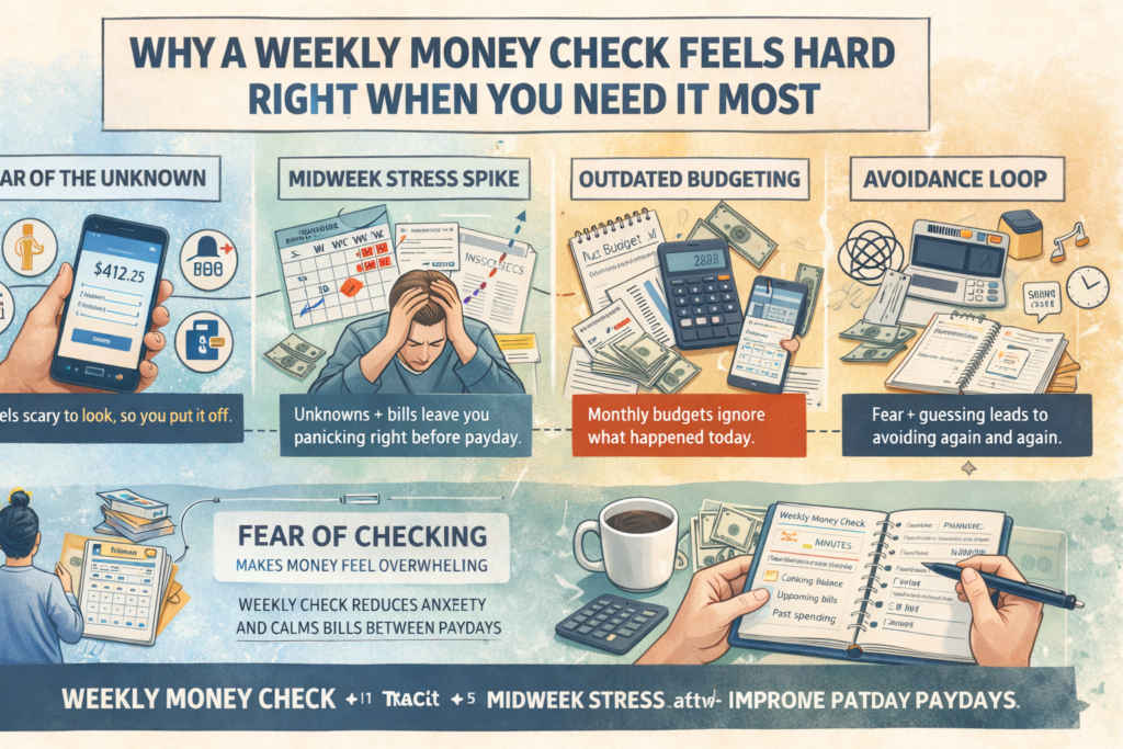 Infographic explaining why a weekly money check feels hard and how it reduces midweek money stress