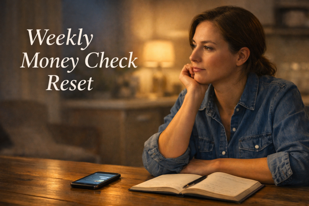 weekly money check after a bad spending week showing an everyday American adult calmly reviewing finances at home with a phone and notebook, reflecting clarity after stress