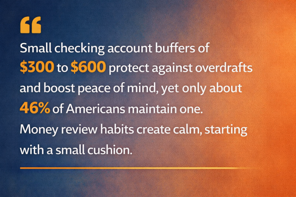 Financial quote graphic about weekly money check clarity and checking account cushion in blue and orange design