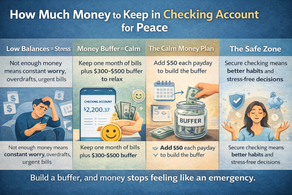 How much money should you keep in your checking account explained in a simple story showing stress, buffer, and calm money flow