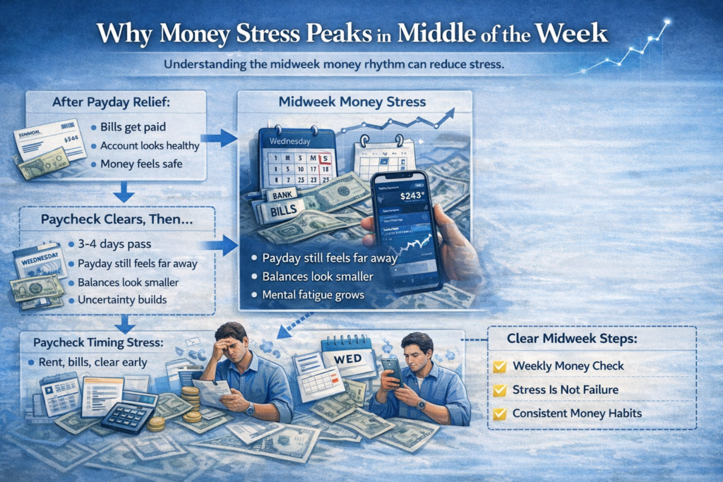Visual explanation of why money stress peaks midweek, showing paycheck timing, mental load, and how a weekly money check reduces financial anxiety.